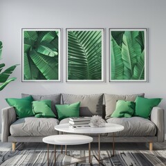 Stylish living room featuring green leaf artwork and modern furniture in calming tones