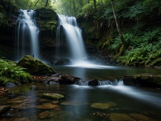 Obraz premium Serene forest waterfall.