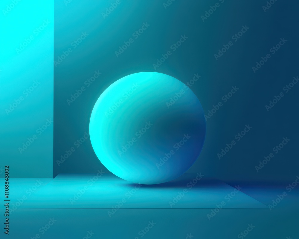 Poster abstract 3d rendering of a soft sphere resting against a geometric background with blue tones and gr