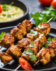 Fototapeta premium chicken tikka, chicken kebabs, grilled chicken, tikka kebabs, Indian food, spicy chicken, barbecue kebabs, grilled tikka, marinated chicken, chicken skewers, traditional Indian cuisine, street food, f