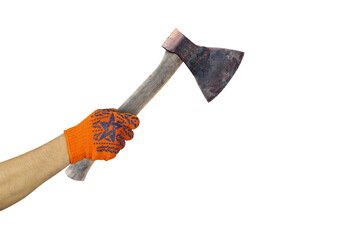 Objects tool hands action - Hand in working glove holds axe. Isolated