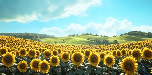 Obraz premium A vibrant field of sunflowers under a bright blue sky, showcasing nature's beauty.