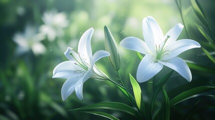 Obraz premium Two pristine white lilies illuminated by sunlight in a lush green garden.