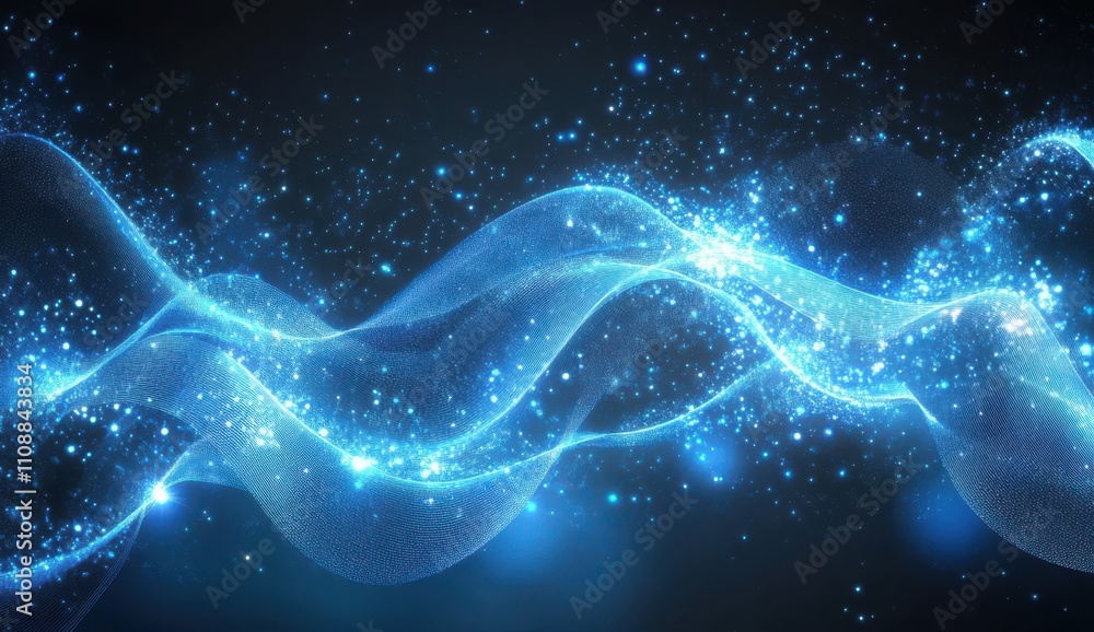 Poster abstract wave of glowing particles flowing in an ethereal manner against a dark background, creating