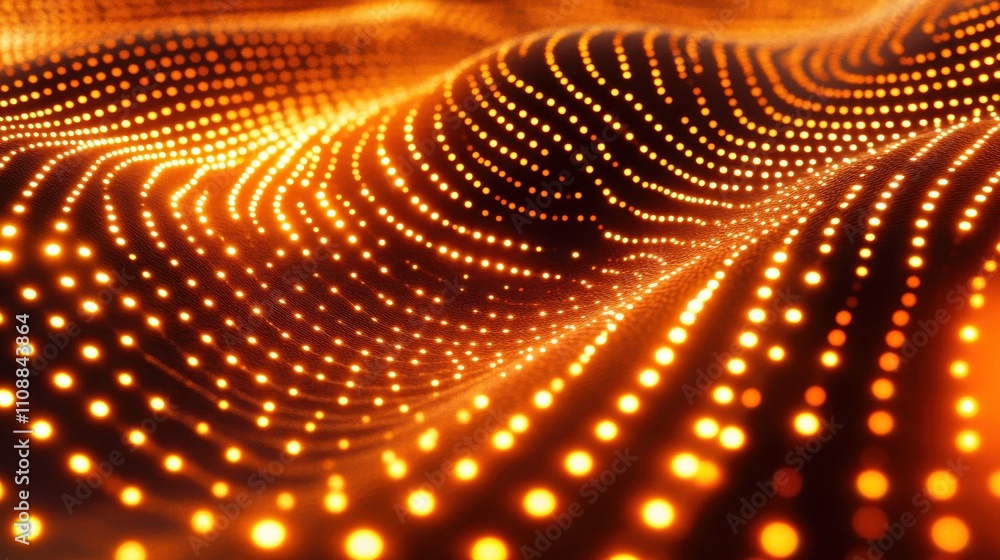 Poster abstract wave pattern of orange light dots on dark background, representing digital technology, data