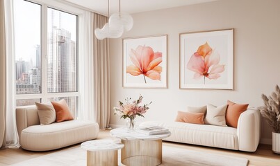 Stylish living room design featuring floral art and modern decor in a cityscape environment