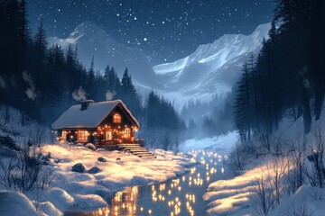 Fototapeta premium Fabulous winter scenery with cozy cottage decorated with garlands. The reindeer stands against the background of snow-covered forest, creating an atmosphere of magic and celebration.
