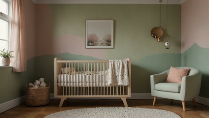 Serene nursery room with pastel walls and a sleeping baby.