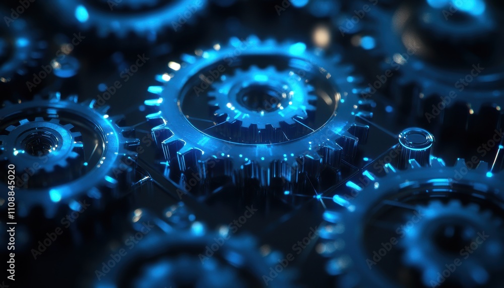 Poster close-up view of interlocking blue gears in a technological setting with glowing edges and reflectio