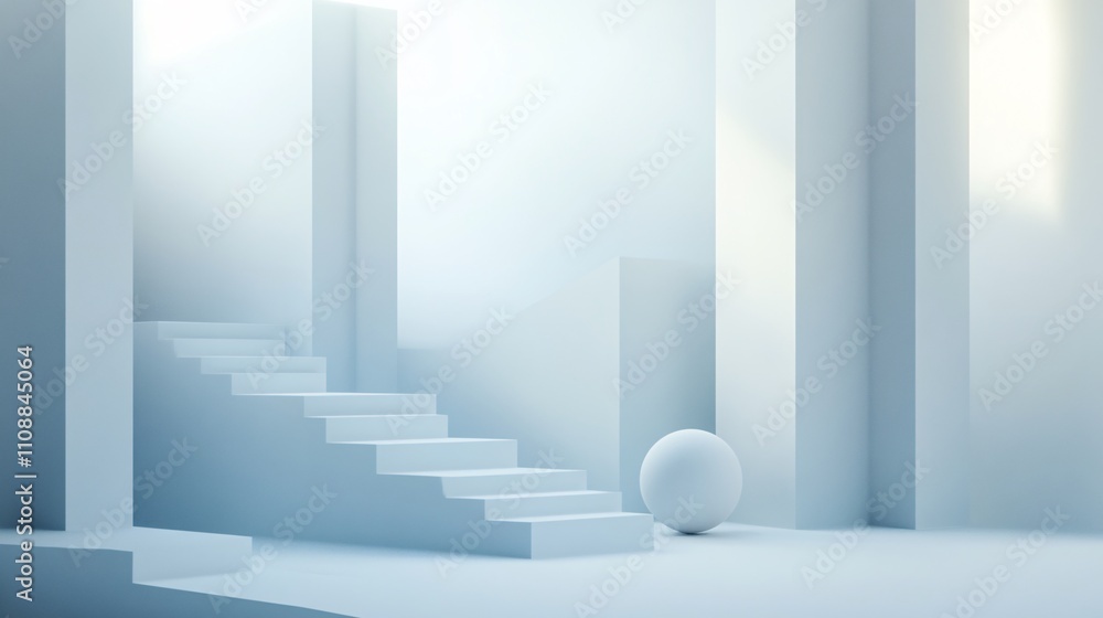 Aufkleber white minimalist staircase leading to abstract light source with sphere