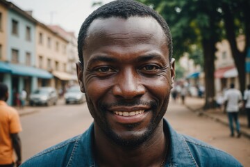 Fototapeta premium Close portrait of a smiling 40s Guinean man looking at the camera, Guinean city outdoors blurred background