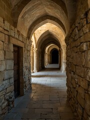 Obraz premium Serene stone archways in an ancient monastery corridor.
