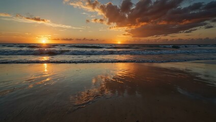 Obraz premium Serene sunset over a beach with calm waves.