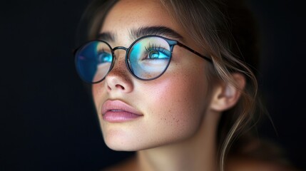Fototapeta premium Portrait of a Young Woman with Glasses, Looking Upward