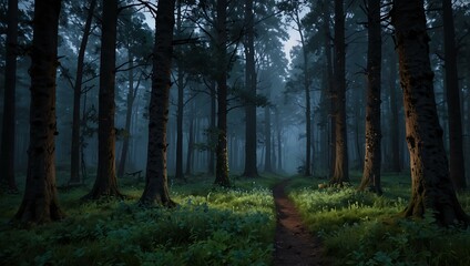 Obraz premium Serene twilight in an ancient enchanted forest.