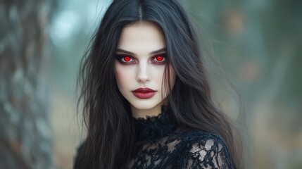 Fototapeta premium Mysterious Woman Red Eyes Witch Costume Halloween Forest Background Dark Hair Gothic