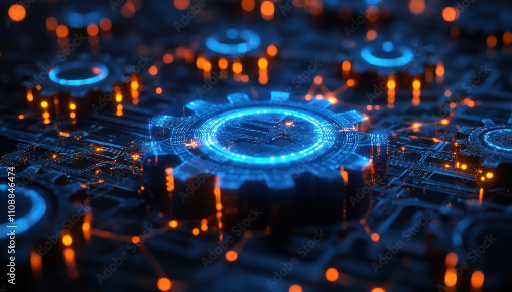 Poster futuristic digital gear mechanism illustrating advanced technology and network connections in a high