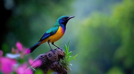 Naklejka premium Vibrant Olive backed Sunbird on Branch Exotic Bird Nature Photography