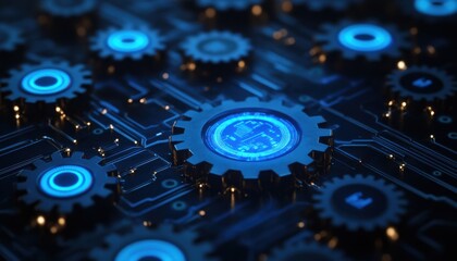 Futuristic Gear Mechanism with Digital Circuit Background Featuring Glowing Blue Elements Ideal for Technology, Innovation, and Machinery Themes