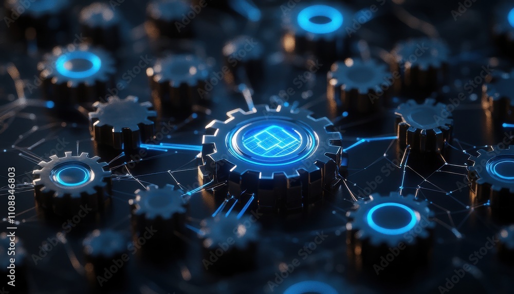 Aufkleber futuristic network of gears and digital connections representing technology, innovation, and artific