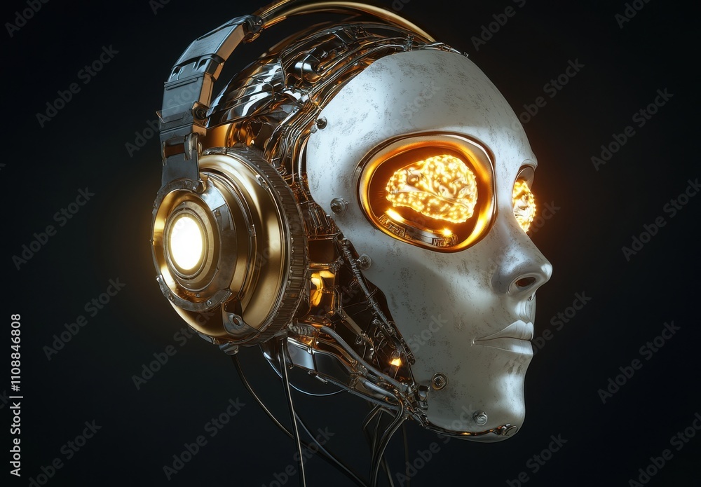 Poster futuristic robot head with glowing brain and headphones showcasing advanced technology and artificia