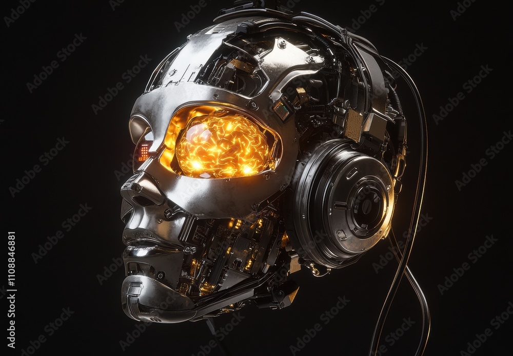 Poster futuristic robotic head with glowing internal mechanisms, headphones, and intricate technology compo