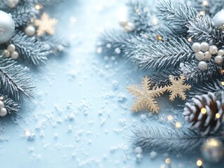 New Year&rsquo;s decorations against a blue background. Snowflakes, spruce branches and silver balloons create an atmosphere of magic and celebration.