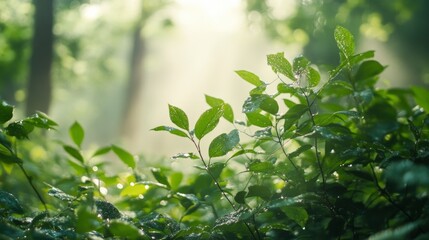Obraz premium A misty forest in early morning light with dew-covered leaves