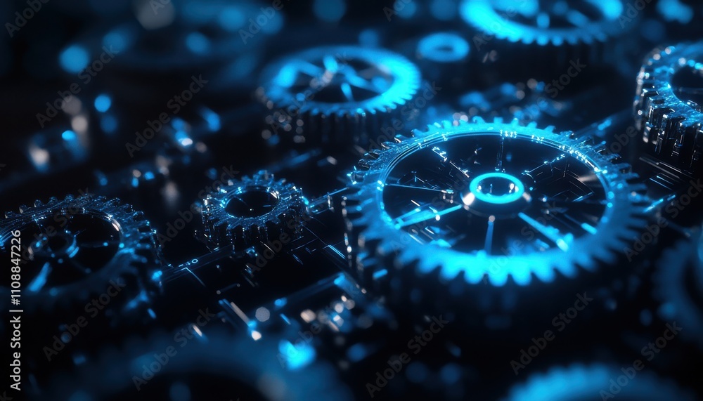 Poster Intricate Close-up of Interlocking Blue Gears and Cogs Creating a Dynamic Mechanical Background with Soft Lighting and Reflections