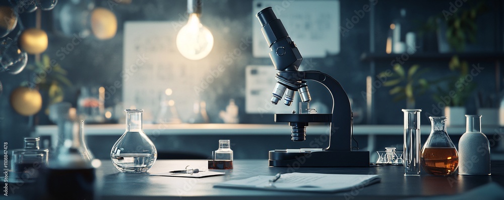 Poster modern microscope sits on desk in laboratory setting, researching new discoveries