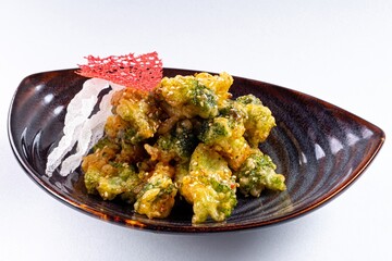 Deep-Fried Vegetables on a Plate Against a White Background