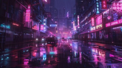 Fototapeta premium A rainy, neon-lit city street at night with reflections on the wet pavement, showcasing vibrant signs and a futuristic atmosphere