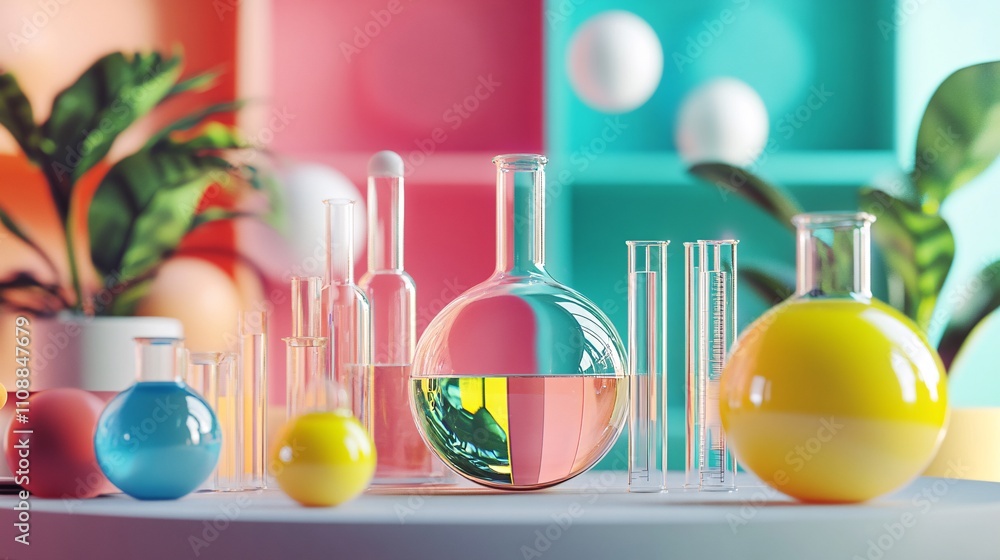 Poster laboratory glassware containing colorful liquids creating a vibrant and scientific scene