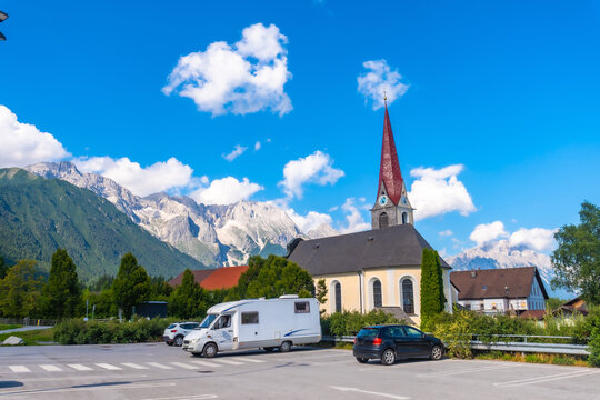 Beautiful church in the mountain village of Obsteig in Switzerland