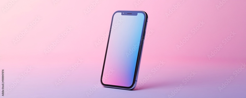 Poster modern smartphone showing gradient screen on pink and purple background