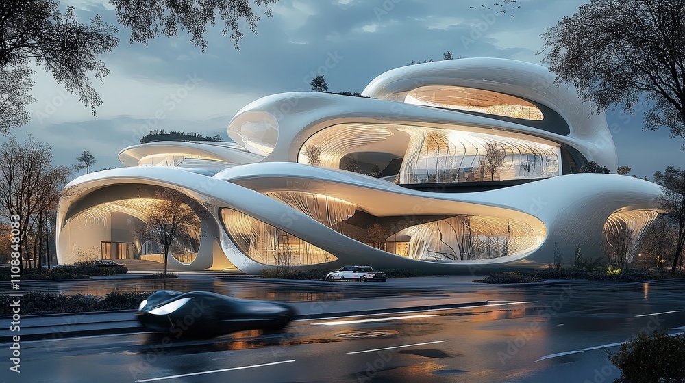 Poster a 3d rendering of a futuristic architectural design, with fluid shapes and interactive smart technol
