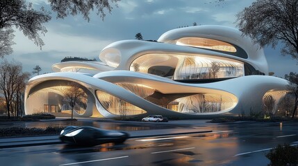 Obraz premium A 3D rendering of a futuristic architectural design, with fluid shapes and interactive smart technology seamlessly integrated