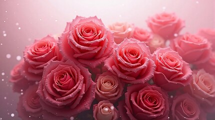 Obraz premium Bouquet of pink roses on romantic blurred background with dew drops. Illustration for card or poster dedicated to Mother's Day, birthday, wedding, Valentine's Day - AI