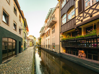 River channels in the city of streets in the city of Freiburg im Breisgau, Germany
