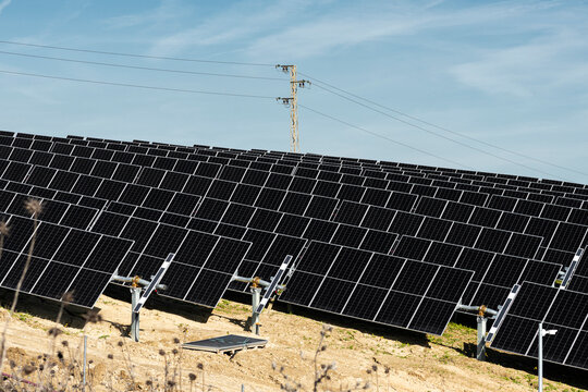 Solar panel field with power lines supporting renewable energy innovation