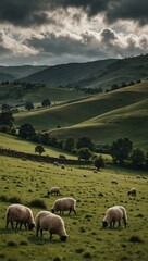 Obraz premium Sheep grazing in scenic hills under a cloudy sky.