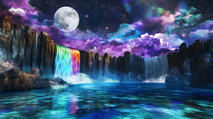 Fototapeta premium Surreal night scene with colorful waterfalls cascading into a tranquil pool under a full moon and vibrant sky.