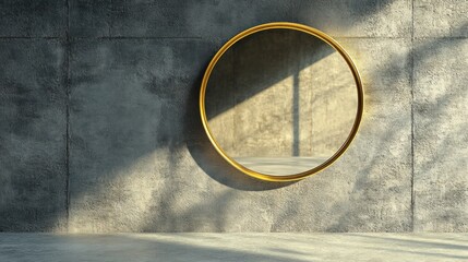 Circular mirror on textured concrete wall