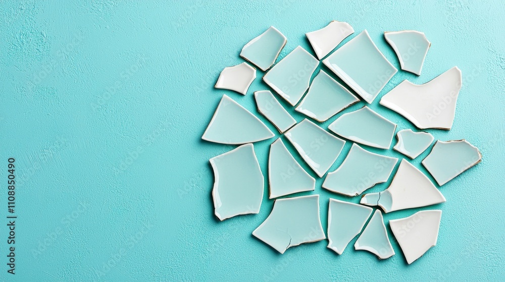 Poster a collection of broken ceramic pieces lies on a turquoise surface, creating an artistic and abstract