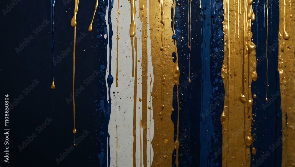 Poster shimmering paint drip creating an abstract image with dark blue and gold.