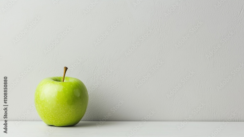 Poster a single green apple rests on a light surface against a neutral background, emphasizing its vibrant 