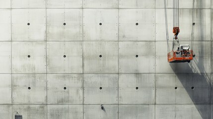 Orange construction lift against a large concrete wall