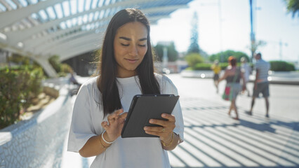 Woman using tablet standing outdoors in a sunny urban park with a modern architectural background and people walking in the distance