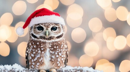 Obraz premium A festive owl wearing a Santa hat sits on snow, surrounded by soft, blurred lights, capturing the cozy spirit of the holiday season.