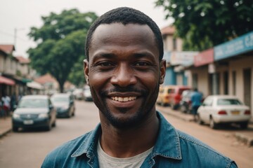 Fototapeta premium Close portrait of a smiling 40s Liberian man looking at the camera, Liberian city outdoors blurred background